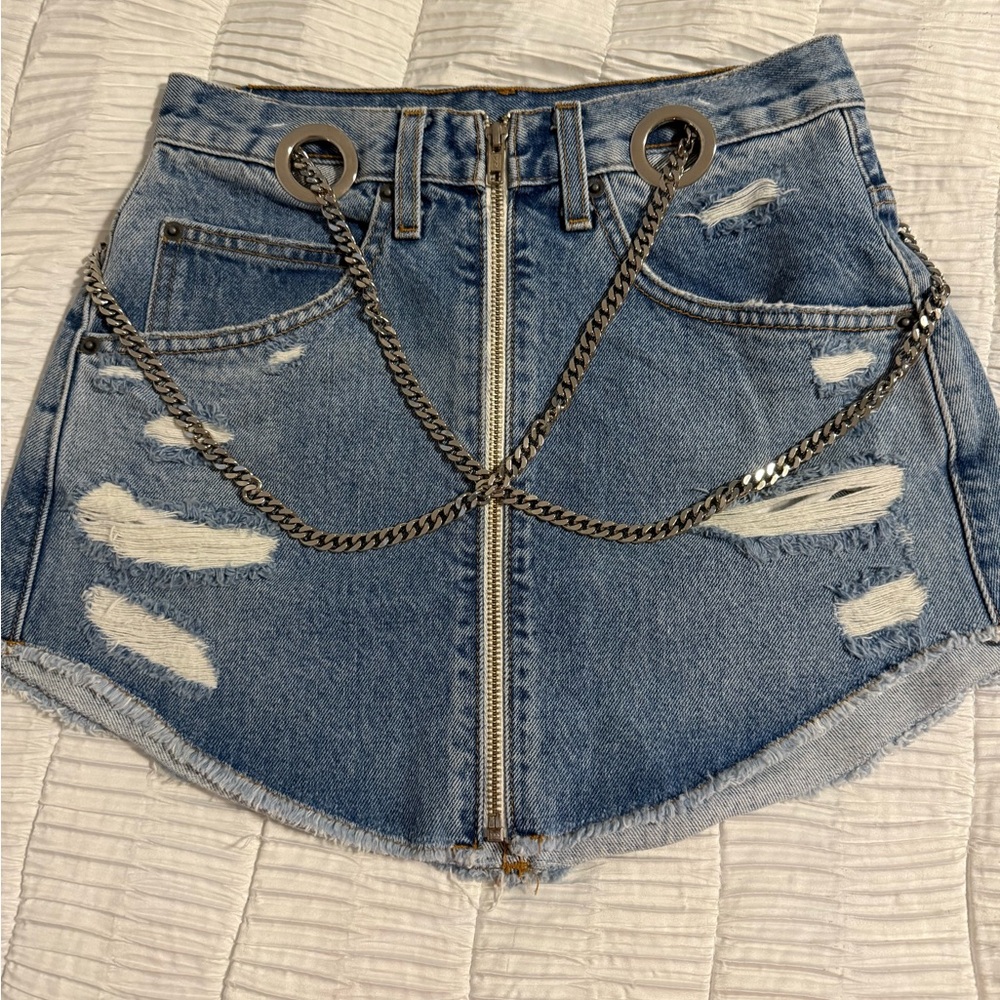 Carmar Blue Denim Skirt with Silver Chain Accent